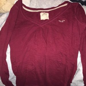 Large Hollister Burgundy V Neck Long Sleeve Shirt
